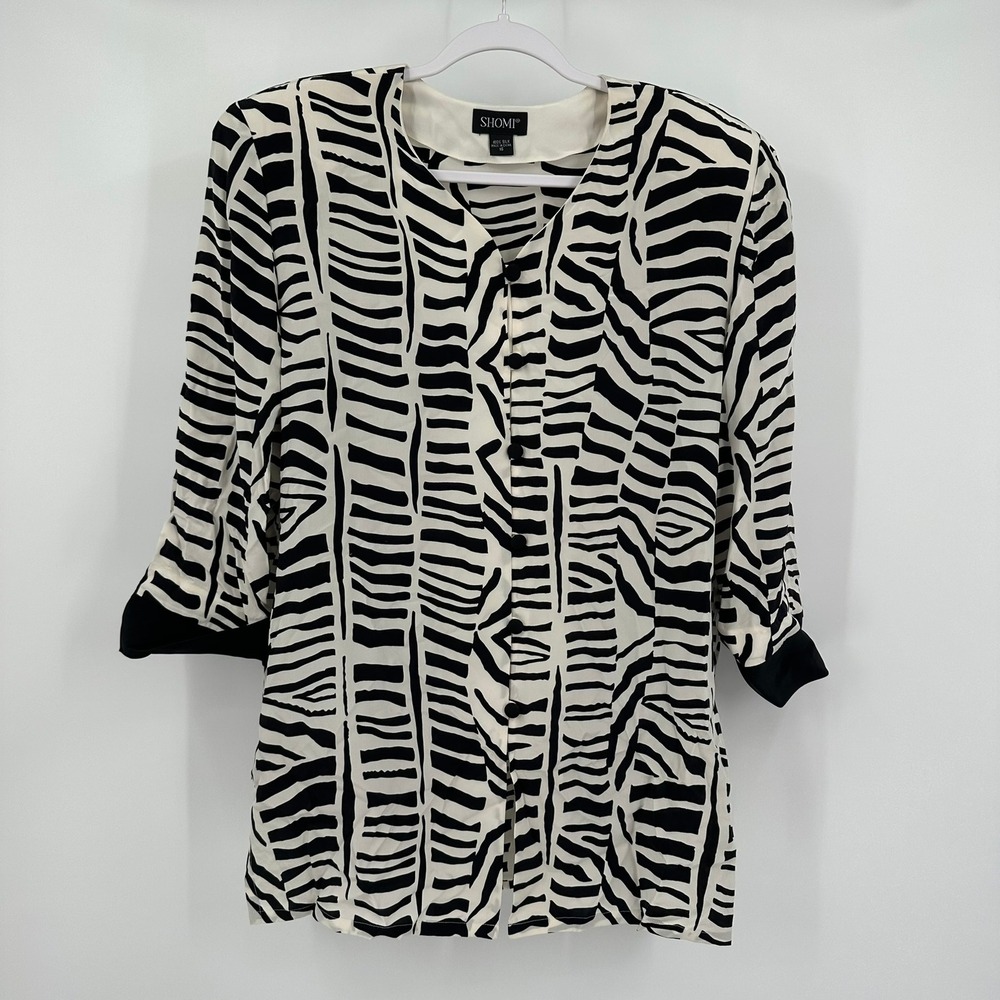 Shomi Womens Vintage Silk Boho Zebra Print Top Size 16 Quiet Luxury Artsy Chic